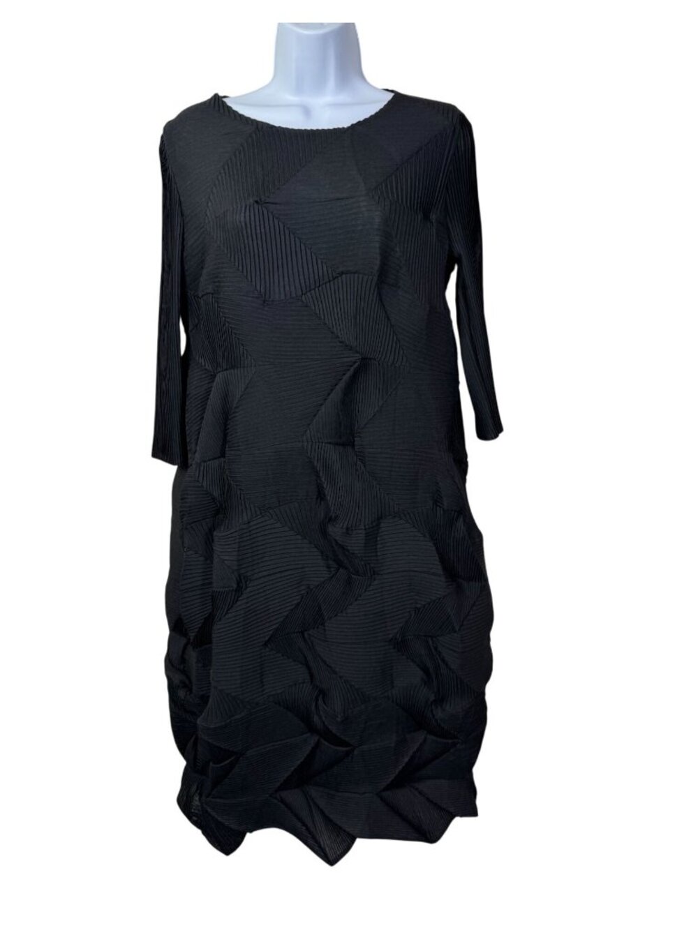 Vanite Couture Black Origami Pleated 3/4 Sleeve Dress sz Medium Artsy Avantgarde
